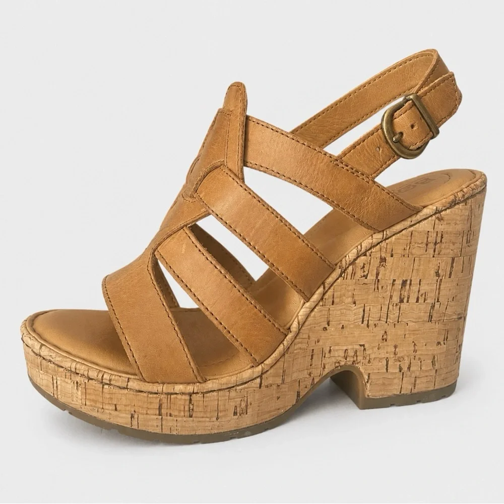Born Bernese Leather Platform Cork Wedge Sandal Shoes Brown Women's Size 7 US - Picture 2 of 7